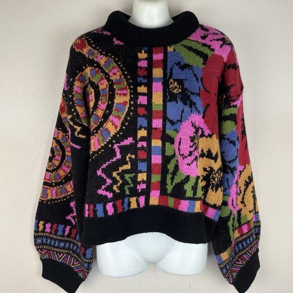 FARM Rio Black Mixed Scarves Sweater Floral Thick High-Neck Pullover - Picture 2 of 9